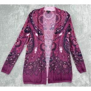 Talbots Sweater Medium Cardigan Lambswool Open Front Paisley Southwestern Pink